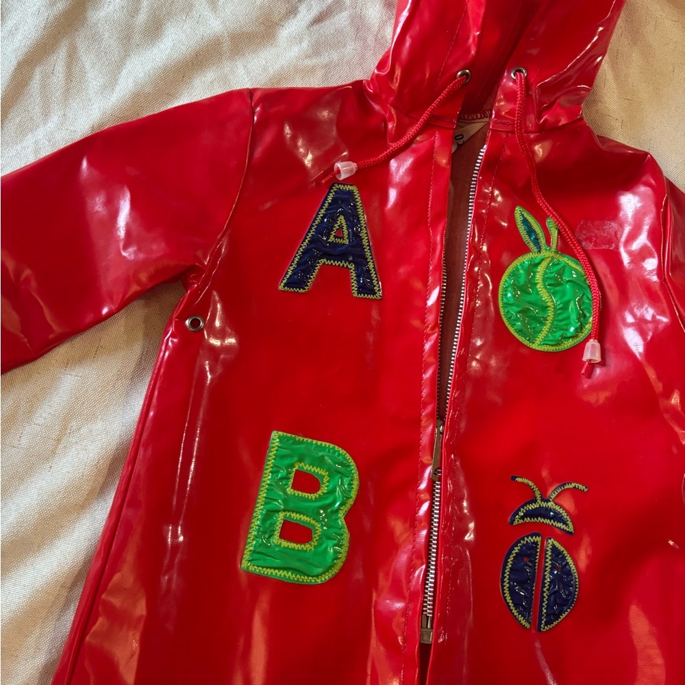 Vintage Red Hooded Raincoat with Colorful Patches by Aristo